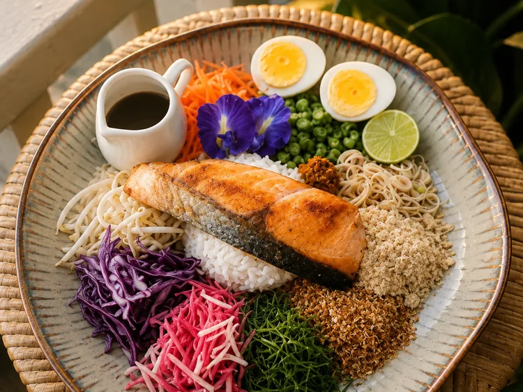 Khao yam, the Southern rice salad, with grilled salmon at Krua Savoey